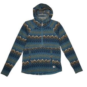 North Face Crescent Landscape Print Hooded Aztec Pullover Sweater 1/2 ZipBlue XS